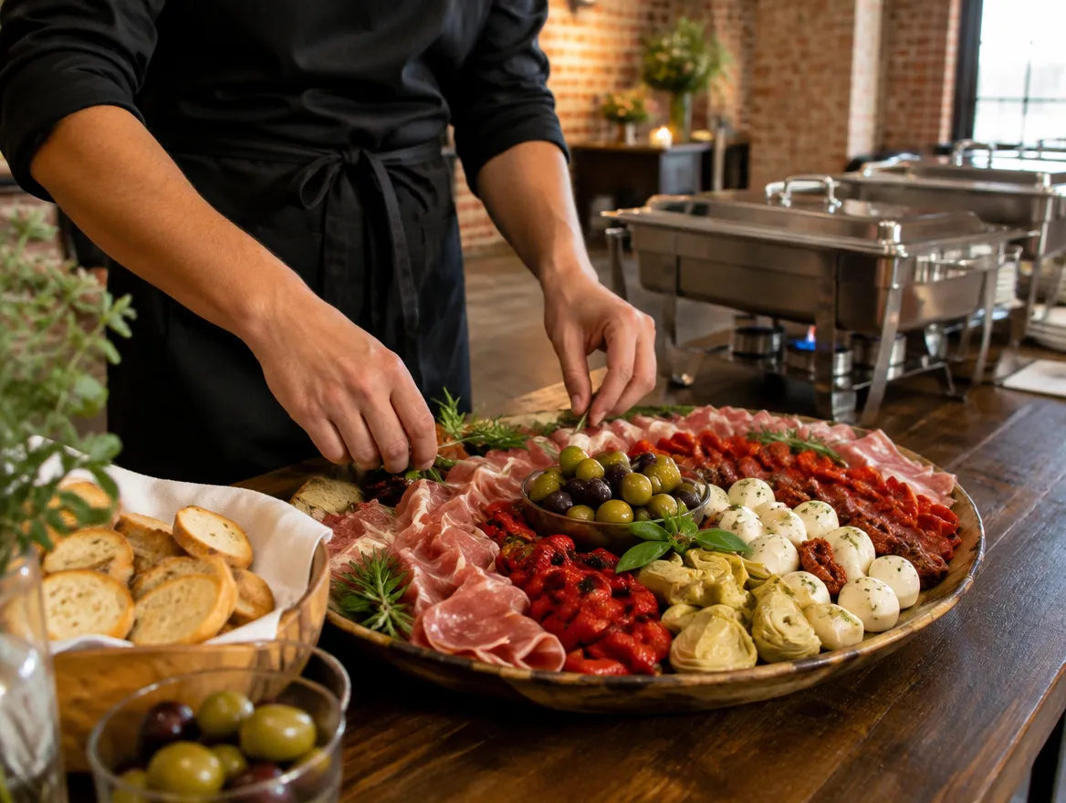Catering-Team richtet eine italienische Antipasti-Platte für ein Event in Wuppertal an