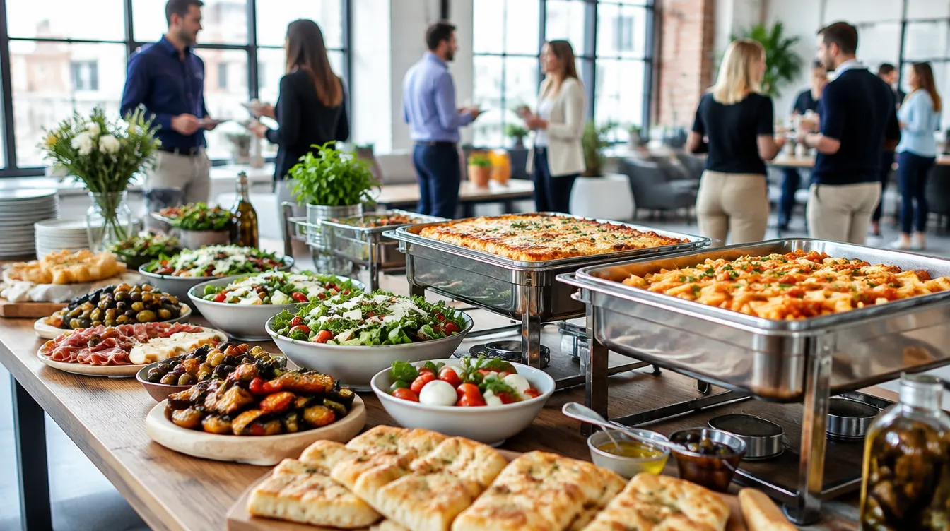 Italienisches Buffet mit Pasta, Lasagne und Salaten bei einer Firmenfeier im Büro