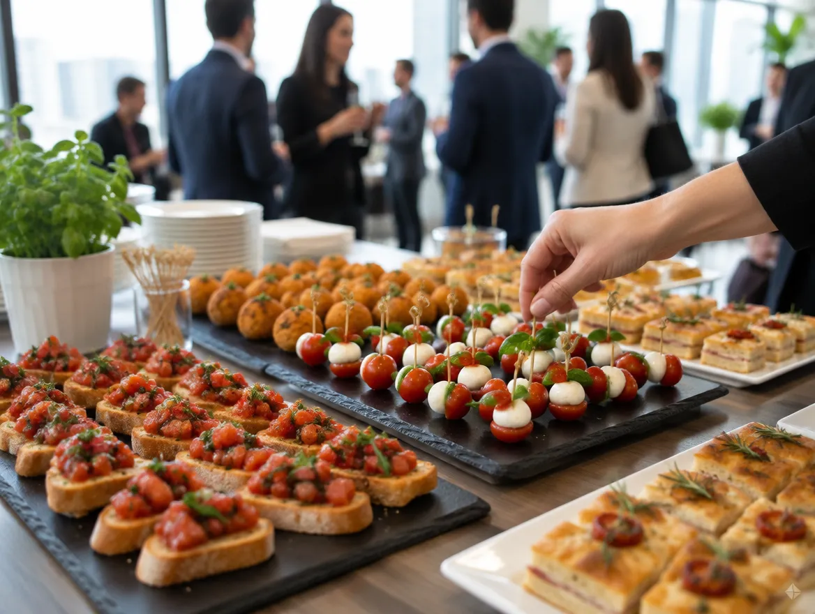 Italienisches Fingerfood mit Bruschetta, Caprese-Spießen und Arancini bei einem Firmenevent