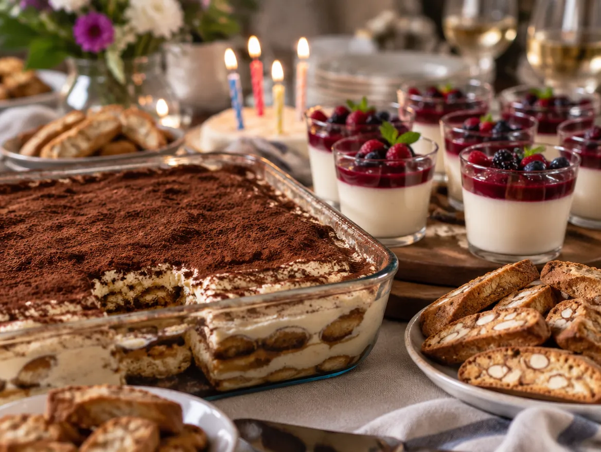 Dessert-Buffet mit Tiramisu, Panna cotta und Cantuccini bei einer Geburtstagsfeier