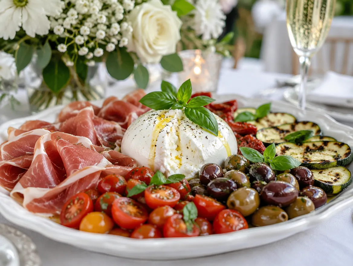 Antipasti-Platte mit Burrata, Prosciutto und gegrilltem Gemüse beim Hochzeitscatering