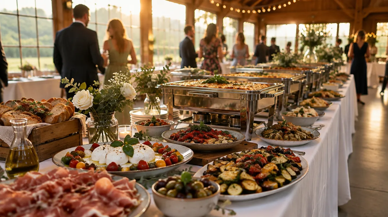 Italienisches Hochzeitsbuffet mit Antipasti, Burrata und Lasagne bei einer Hochzeitsfeier