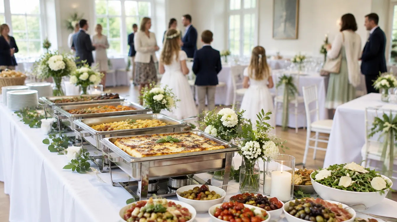Festlich gedeckter Raum mit italienischem Buffet bei einer Kommunionsfeier
