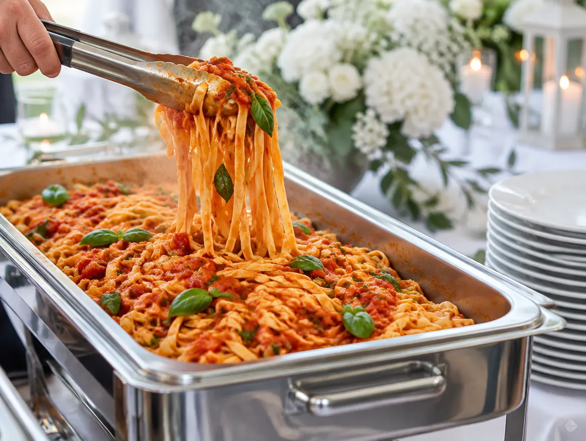 Frische Tagliatelle mit Tomatensauce werden am Buffet einer Familienfeier serviert